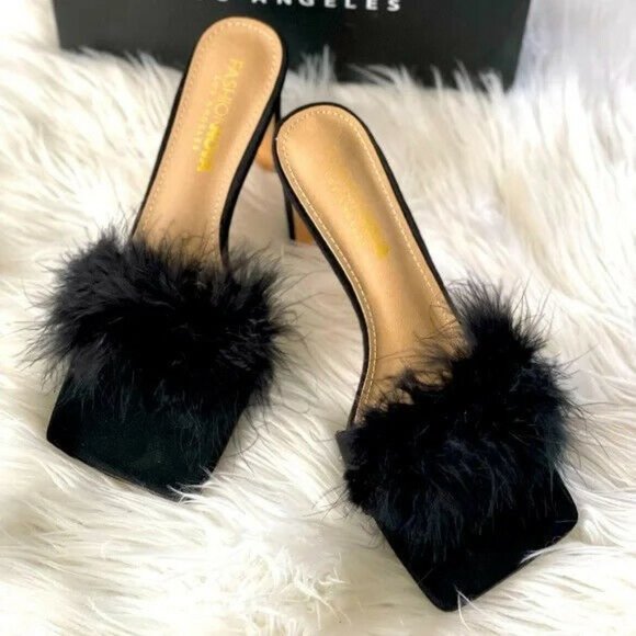 Fashion Nova Women Black Fax fux Sandals Mules Sexy Block High Heels  Sz 7.5 - Picture 2 of 9